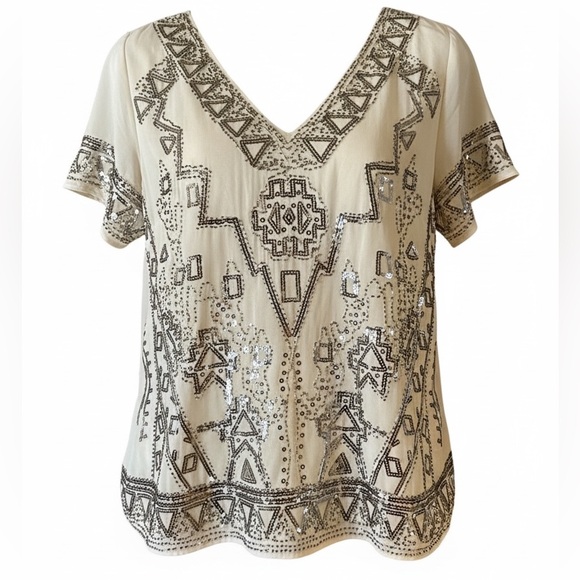 Skies Are Blue Tops - Skies Are Blue Off White Art Deco Silver Sequin Beaded Top Small